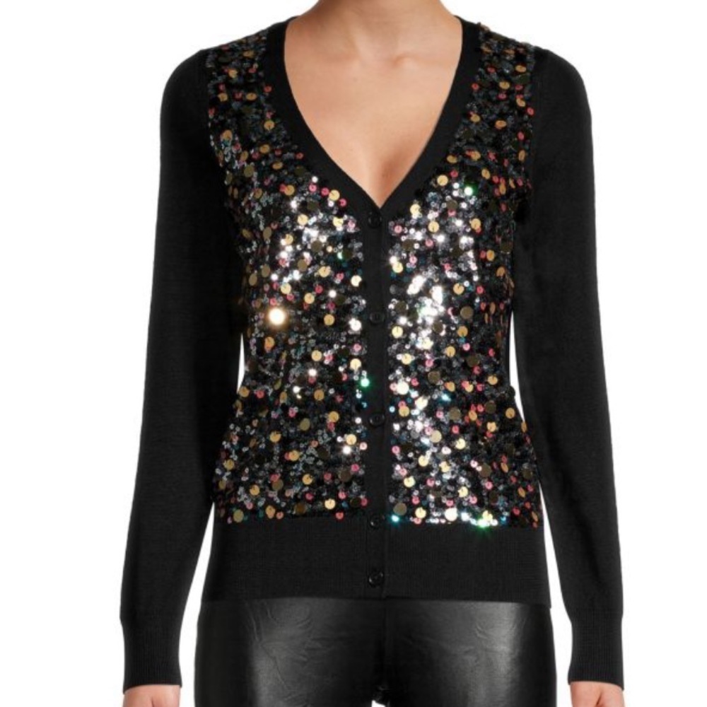 TRINA TURK Sequin 100% Merino Wool Cardigan In Black Multi Size S